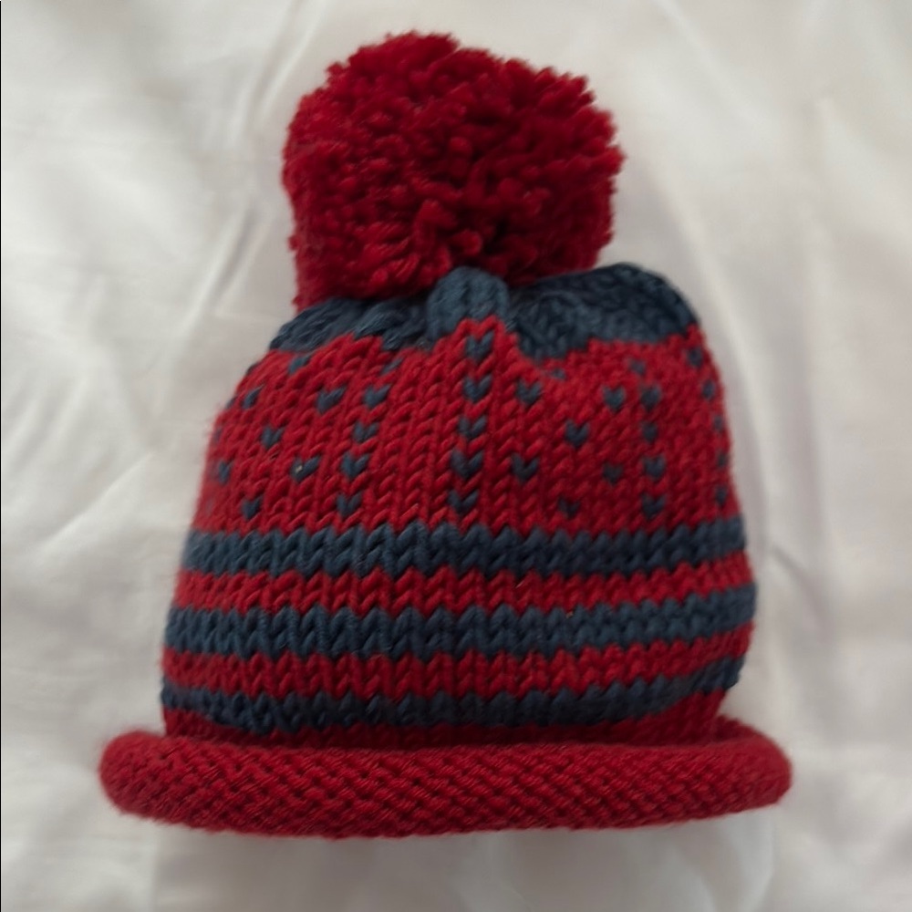 New Cozy Hand Knit Red and Blue Pom-Pom Beanie for Babies